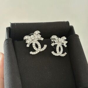 CHANEL Silver Crystal CC Bow Stud Earrings